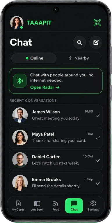 The TAAAPIT Chat screen with Online and Nearby tabs and recent conversations.