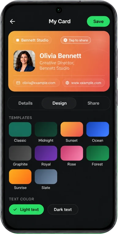 The TAAAPIT card designer showing colour templates for a digital business card.