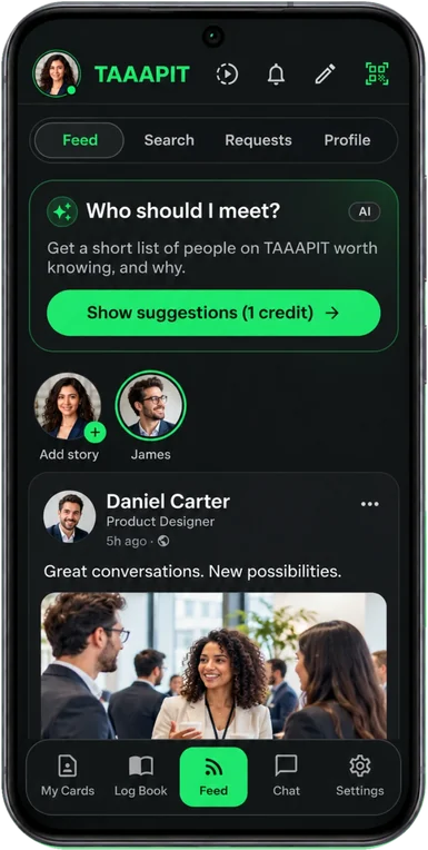 The TAAAPIT Feed with an AI “Who should I meet?” suggestion and a post from a connection.