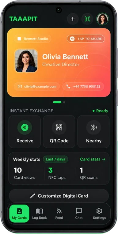 The TAAAPIT app on a phone, showing the My Cards screen with a digital business card ready to share by NFC tap, QR code or Bluetooth.