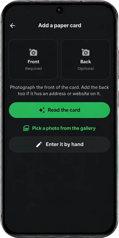The TAAAPIT paper business card scanner asking for a photo of the front and back.